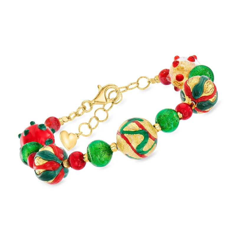 Ross-Simons Italian Multicolored Murano Glass Bead Holiday Bracelet in 18kt Yellow Gold Over Sterling