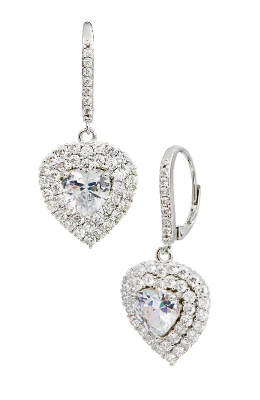 Rhod. Plated White Cz Dangle Heart Earrings